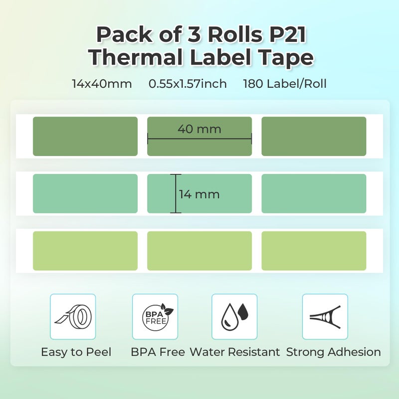 NELKO Genuine P21 Label Maker Tape, Adapted Label Print Paper, 14x40mm (0.55""x1.57""), Standard Laminated Labeling Replacement, Multipurpose of P21, 180 Tapes/Roll, 3-Roll, Light Green/Green/Dark Green - Image 2